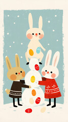 Wall Mural - Building snowman with colorful eggs, three cheerful bunnies in winter