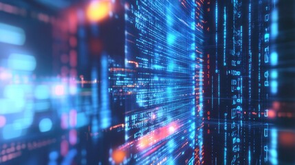 Abstract Digital Data Stream: A mesmerizing visualization of binary code flowing in a dynamic, three-dimensional space.