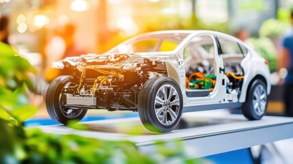 A modern hybrid car chassis showing its electric components on a display platform.