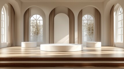 Wall Mural - White display in room with arched windows and steps