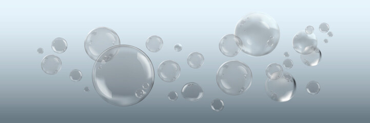 Wall Mural - transparent bubbles floating on a light background. bubbles vary in size, creating a delicate, airy 