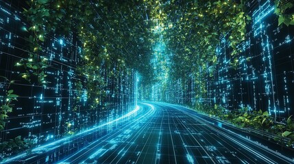 Lush green tunnel road, digital data streams, futuristic journey, nature meets technology, website banner