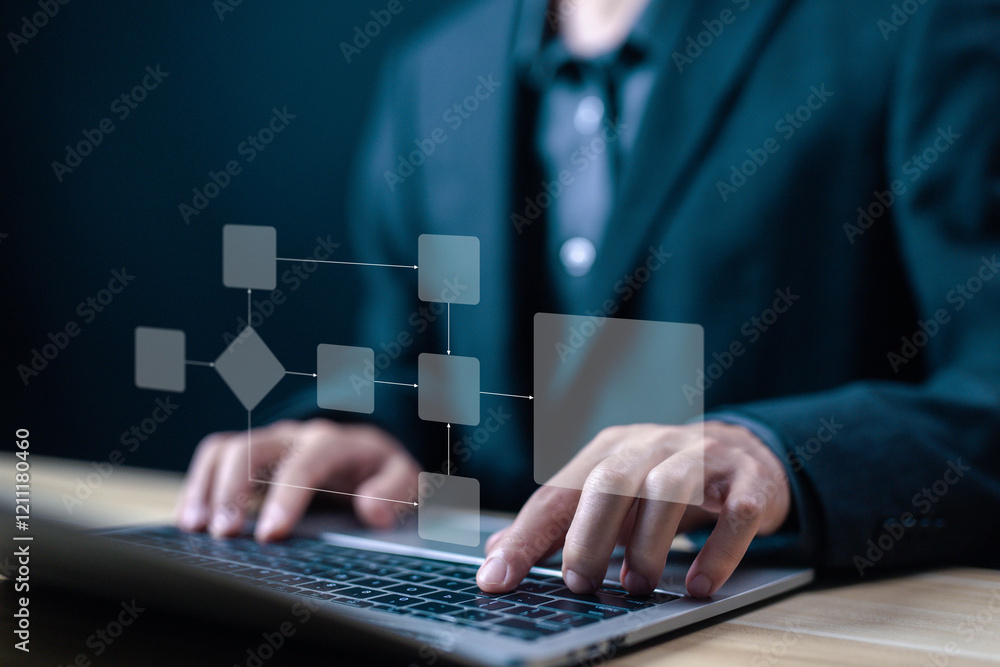 business processes and algorithm diagram flow on a computer laptop ...