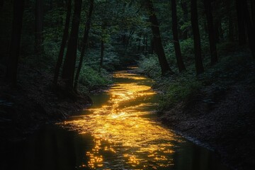 Canvas Print - Golden sunlight reflects on a forest stream