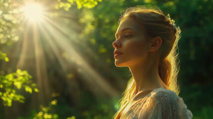 Wall Mural - Beautiful woman exposed to morning sunlight in green forest