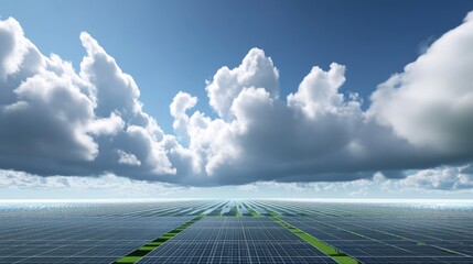 environmental energy farm perspective, extensive solar panel grid, systematic renewable infrastructure, lush green field base, powerful cumulus cloud formations, countryside panoramic view,