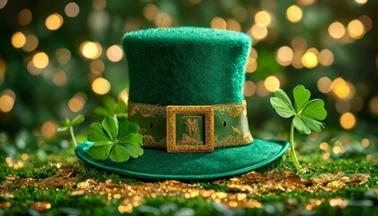 Green leprechaun hat with golden buckle, shamrocks, and gold coins laying on mossy ground, creating a festive saint patrick's day scene with blurred bokeh lights in the background