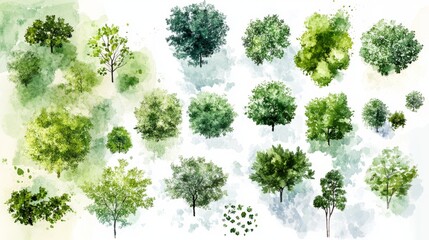 environmental design resource collection, tender watercolor vegetation symbols, variety of tree cano