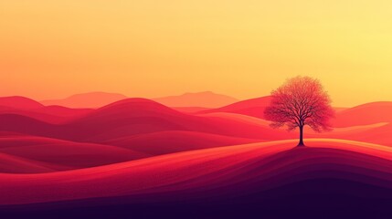 Wall Mural - Lonely tree on a hill at sunset.