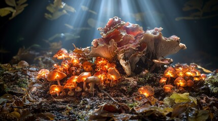 Wall Mural - Magical nighttime scene of glowing mushrooms enchanted forest nature photography mystical environment close-up view