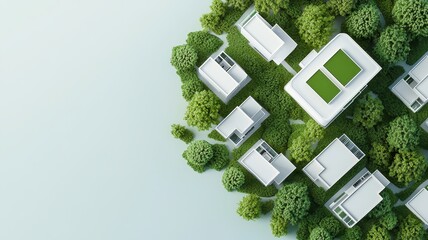 Wall Mural - Aerial view of modern, eco-friendly houses surrounded by lush greenery, emphasizing sustainable living and urban planning.