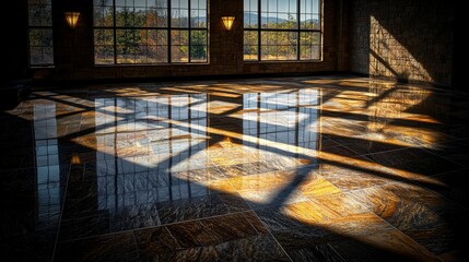 Aufkleber - Sunlight streaming through window casting geometric shadows spacious room photography indoor low angle abstract light play