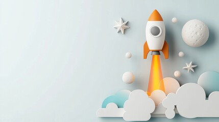 Wall Mural - Astronaut launching into space cartoon style digital artwork cloudy environment playful viewpoint adventure and exploration concept