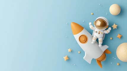 Wall Mural - Playful astronaut adventure with rocket and stars outer space cartoon illustration whimsical setting top view fun concept for kids