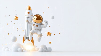 Wall Mural - Playful astronaut launching a rocket outer space cartoon illustration fun environment dynamic perspective adventure and exploration concept
