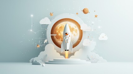 Wall Mural - Astronaut launching into space outer space cartoon illustration minimalist design dynamic perspective dream of exploration
