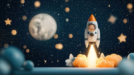 Wall Mural - Joyful rocket launch adventure outer space cartoon illustration dreamy environment bright viewpoint imaginative concept for kids entertainment