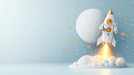 Wall Mural - Astronaut launching a rocket into space outer space cartoon style illustration clean environment dynamic viewpoint exploring new worlds