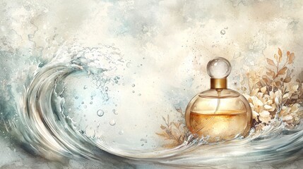 Wall Mural - A delicate perfume bottle is surrounded by swirling waves and gentle floral elements, evoking a serene, ocean-inspired ambiance.