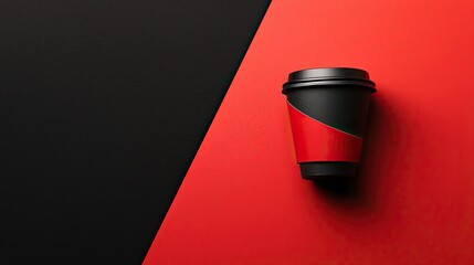 Wall Mural - Flat lay of a coffee cup on a red and black background, top view with copy space. Flat design. Minimalist stock photo. Studio lighting