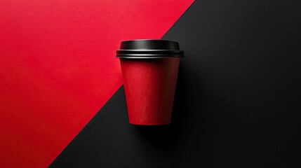 Wall Mural - Flat lay of a coffee cup on a red and black background, top view with copy space. Flat design. Minimalist stock photo. Studio lighting