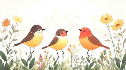 Wall Mural - Three cute birds in a garden with flowers.