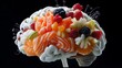 © Chaikit - conceptual brain food art, anatomical organ transformed into fresh ingredients, white cerebral matter meets colorful produce, precise fruit placement, omega-rich salmon pieces, antioxidant berries,