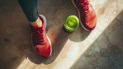 fitness preparation moment, deep red athletic footwear, charcoal workout pants, vibrant green health drink, soft beige setting, lifestyle detail shot, modern fitness aesthetic, natural light