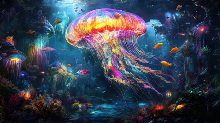 Wall Mural - a surreal underwater dreamscape with a massive crystal-like jellyfish pulsating with vibrant rainbow