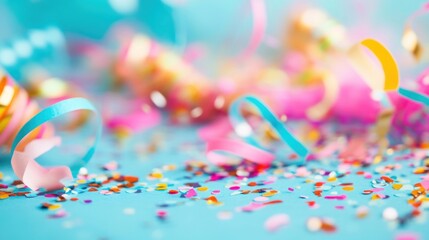 Colorful streamers and sparkling confetti cover the blue surface, adding excitement to the festive celebration happening at a lively party