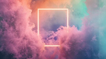 Wall Mural - a striking neon square floats amidst colorful clouds, creating a surreal and captivating visual expe
