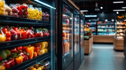 Wall Mural - Colorful Display of Fresh Fruits and Vegetables in Supermarket Refrigerated Sections