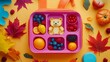 © Chaikit - vibrant pink and orange school bag, playful lunch arrangement featuring bear-shaped sandwich art, colorful bento compartments with berries and fruits, cheerful autumn theme, overhead shot, natural
