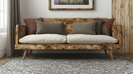 Wall Mural - Wood sofa with pillows on rug in interior