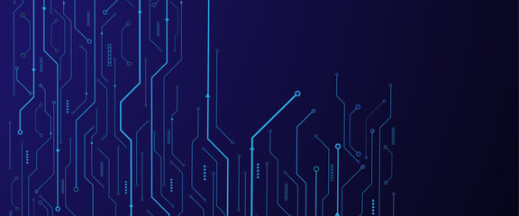Leinwandbilder - Glowing light blue neon AI chip with thin circuit contact lines. Technology lines circuit and dots on blue background, circuit board network connection.