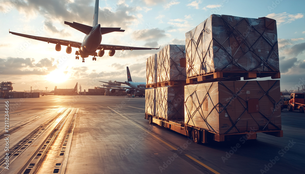 Packing Aircraft Air Cargo flying with merchandise on the runway for international ...