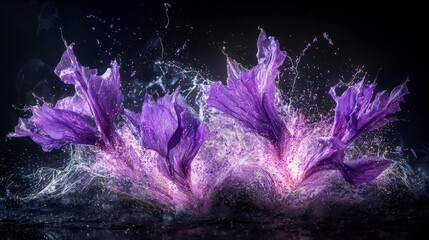Aufkleber - Violet and lavender bursts of water splashes nature scene abstract art dark environment close-up view vibrant colors