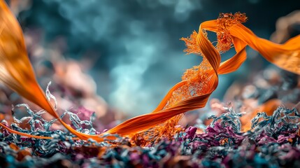Aufkleber - Winding orange line through vibrant sea of textures abstract art underwater environment close-up view visual concept