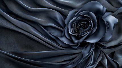 Aufkleber - Elegant black rose blooming amid deep gray fabrics close-up art subtle hues textured composition floral beauty
