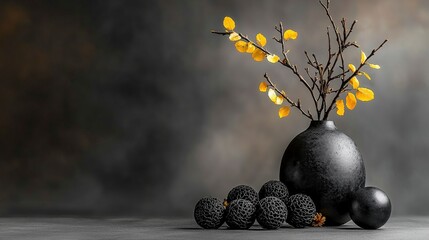 Aufkleber - Elegant black vase with yellow leaves minimalist setup studio charcoal grays artistic still life composition