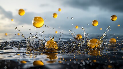 Poster - Vibrant macro photography of soft yellow droplets splashing on calm water surface in a serene nature scene