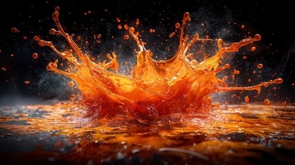 Poster - Vibrant orange splashes radiating outward symbolizing energy studio abstract art dark background close-up motion