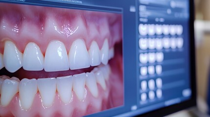 69.A close-up of a dental computer screen showing digital smile design, highlighting the use of computer-aided tools for tooth alignment and aesthetic enhancements. The screen displays the process of
