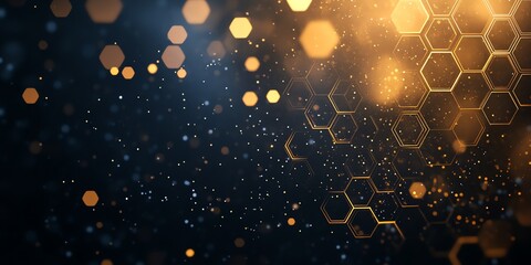 Wall Mural - golden hexagon network: abstract glittering dark background