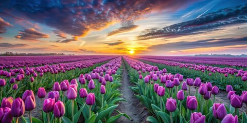 Wall Mural - Serene Sunset Over a Vast Field of Purple Tulips, a Breathtaking View of Nature's Beauty at Golden Hour