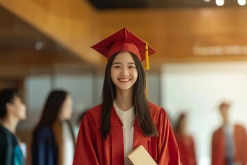 Wall Mural - A Chinese student in a red graduation gown, walking across the stage