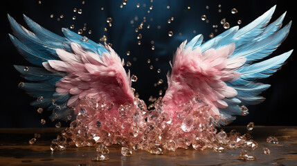 Beautiful Angel Pink Wings Made of Sparkling Water On Blurry Background