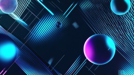 Wall Mural - synthwave abstract background: neon lines and spheres