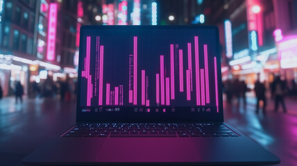 Poster - Night City Data Stream: A laptop displaying vibrant pink data streams sits in the foreground, with a blurred cityscape glowing with neon lights in the background.