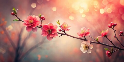 Sticker - A delicate branch adorned with vibrant pink and soft white blossoms, bathed in the warm glow of a setting sun, evokes a sense of springtime tranquility and natural beauty.